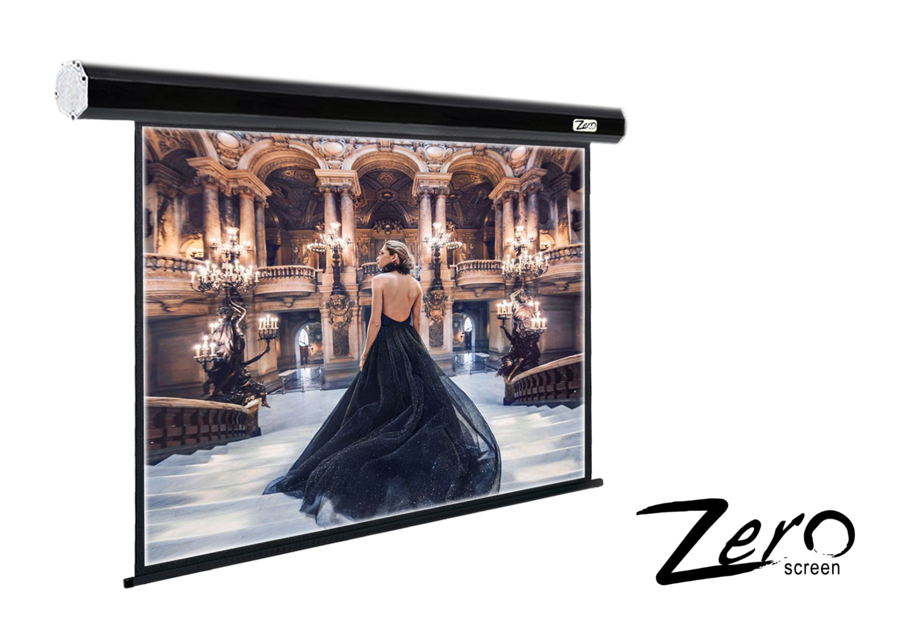 ZERO大尺寸電動布幕-MIT台灣製造黑色烤漆弧形設計200吋~300吋